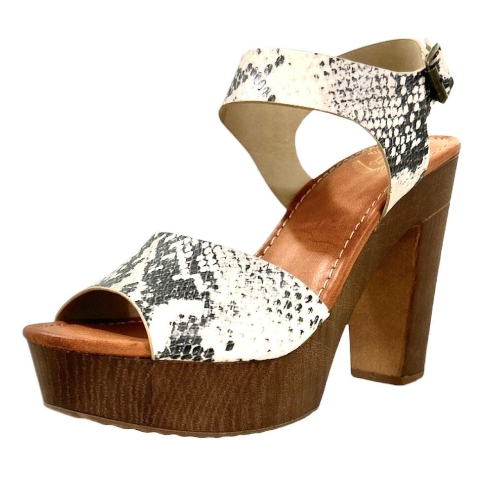 TRUE CRAFT KELLER Animal Print Platform Block Heel Sandals Natural Texture